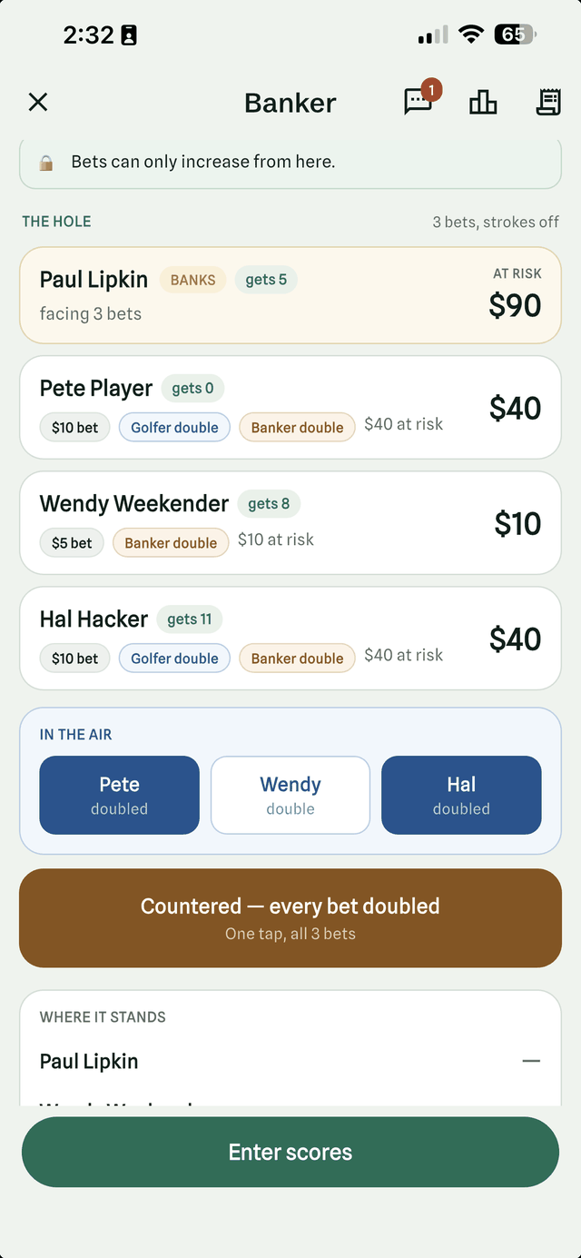 The counter on hole 1 of a Banker game in Halved: three bets each showing a golfer double and a banker double, the ninety dollars the banker has at risk, and a single button that doubled all three