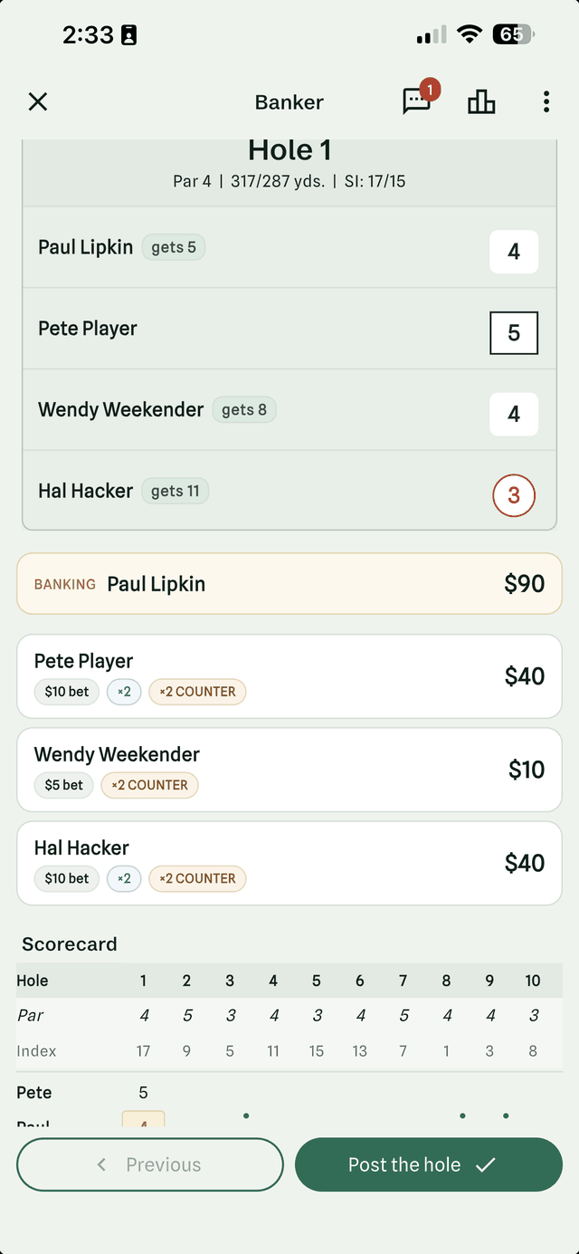 Score entry on hole 1 of a Banker game in Halved, with each golfer's strokes received, the banker's ninety dollars at risk, and the doubled bets listed under him