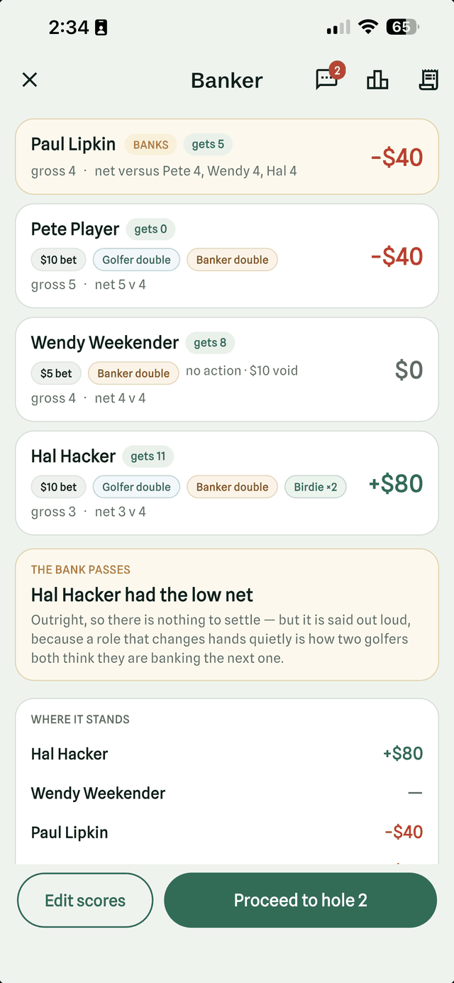 The result of hole 1 in Halved: each one-on-one settled with the doubles and birdie bonus that applied, a bet voided as no action on a tie, and a note that the bank passes to the low net