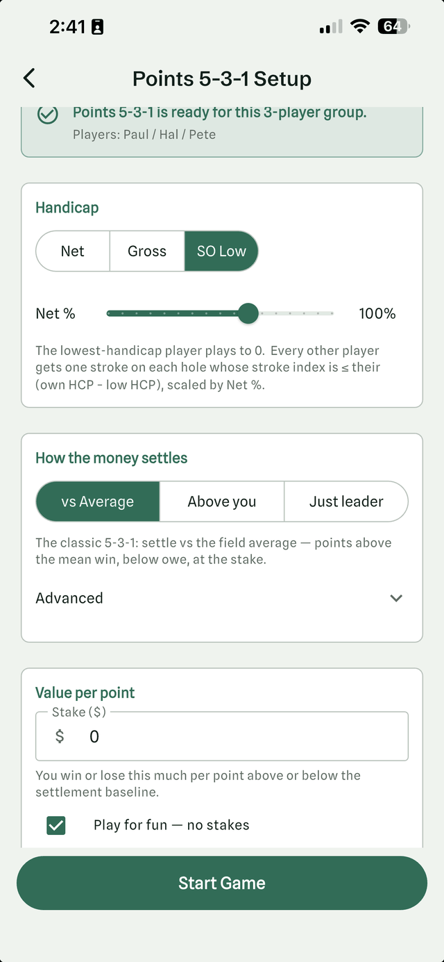 Points 5-3-1 setup screen in the Halved golf app: handicap set to SO Low at 100 per cent net, settlement versus the field average, and a value per point with play for fun selected
