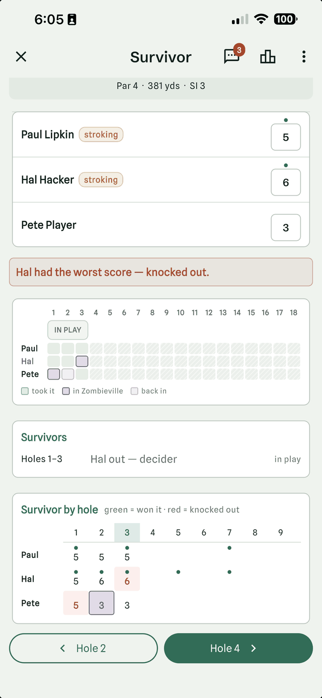 Score entry on a Survivor hole in Halved, with Hal knocked out for the worst score, the Zombieville strip and the Survivor by hole grid below