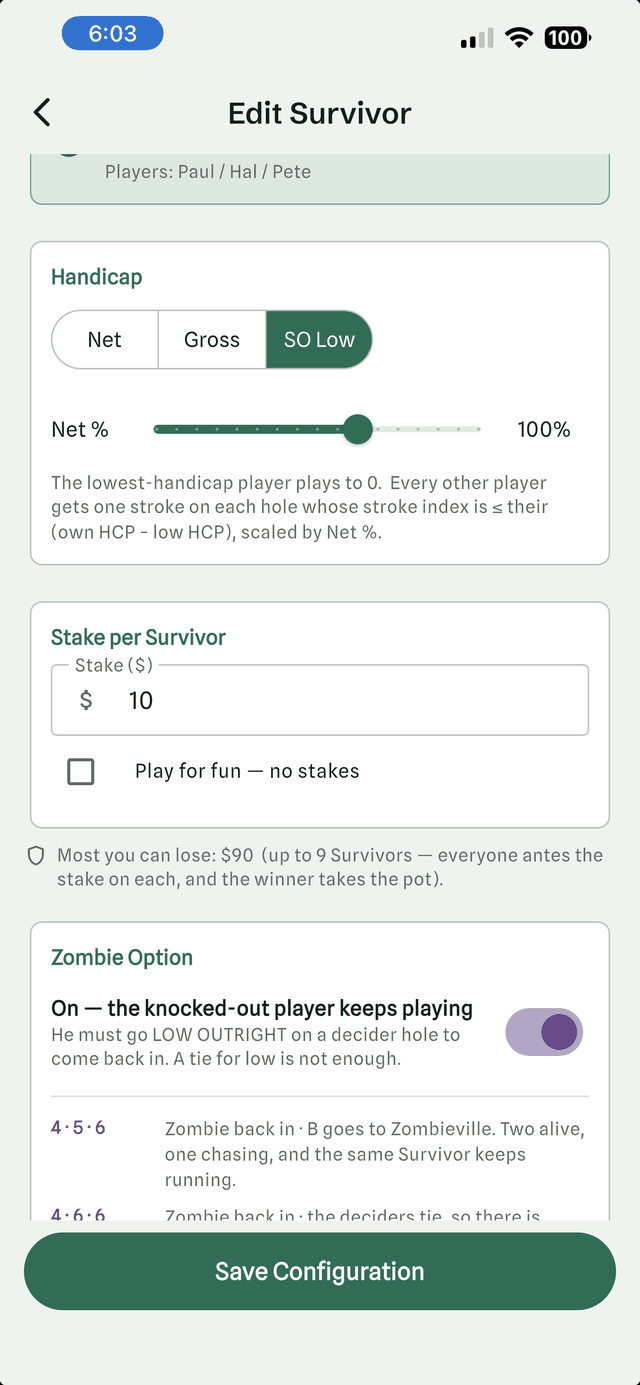 Survivor setup screen in the Halved golf app, showing the handicap method, stake per Survivor and the Zombie option turned on