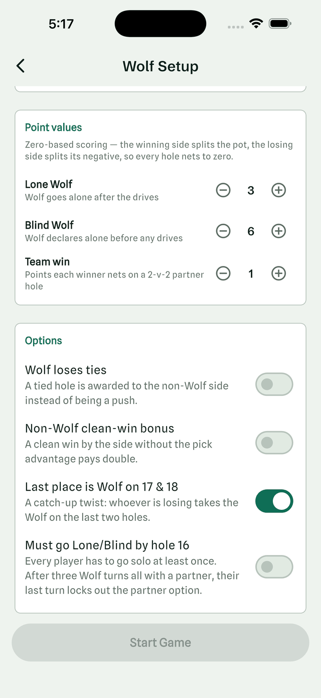 Wolf setup screen in the Halved golf app: zero-based point values with Lone Wolf 3, Blind Wolf 6 and a team win 1, plus options for Wolf loses ties, a non-Wolf clean-win bonus, last place taking the Wolf on 17 and 18, and a rule forcing everyone solo by hole 16